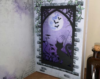 Pop Up Birthday Card Spell Book Witch Witchy 3D Shadow Box Diorama Magic Magik Wicca Cat Bats Moon Potion Unusual Novelty Spooky Purple