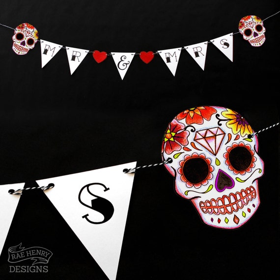 Red Sugar Skull Bunting Wedding Decoration Mr Mrs Tattoo Etsy