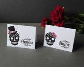 Sugar Skull Place Cards Red Bride and Groom Tattoo Rockabilly Wedding Name Cards Party Day of the Dead Gothic Halloween Alternative candy