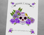 Purple Sugar Skull Wall Art Print Personalised Wedding Gift Anniversary Goth Rockabilly Tattoo Candy Skulls Alternative