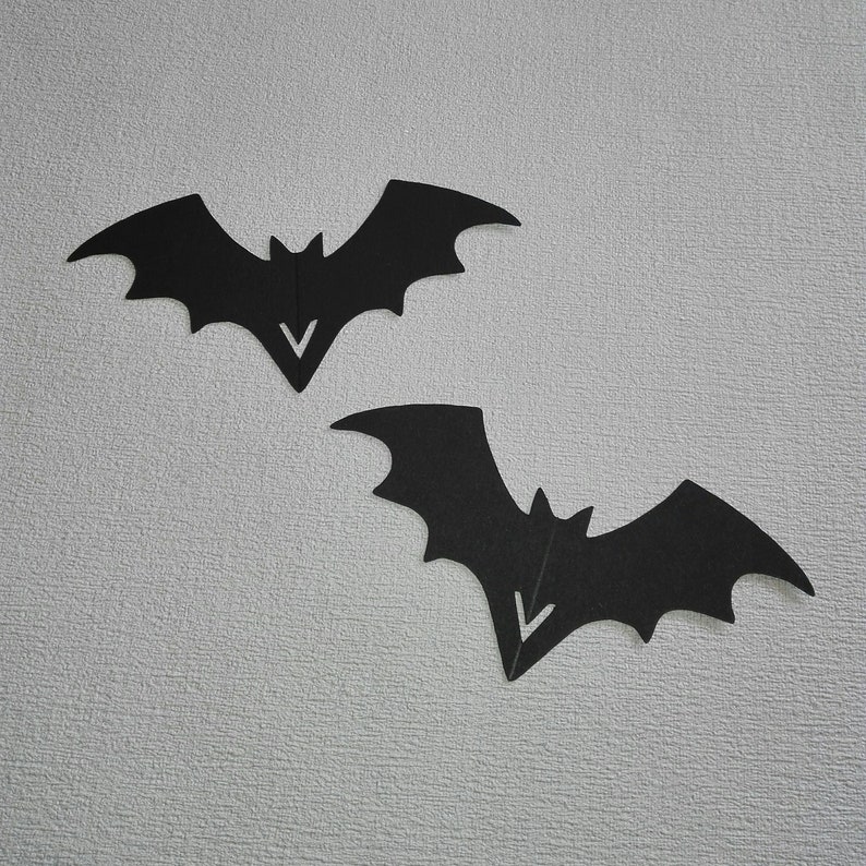 May include: Two black paper bats with a white V shape in the center of each bat.