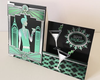 Art Deco 1920s Birthday Card Pop Up 3-D Martini cocktail Black Green Silver Alternative Unusual Special Flapper girl great gatsby new York