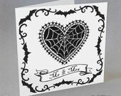 Cobweb Heart Wedding Card Mr & Mrs Gothic Bats Spider Web Tattoo Rockabilly Alternative Spooky Strange Unusual Gothabilly