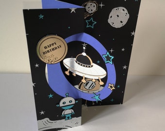 Space Birthday Card Spinner Spinning Astronaut Spaceman Alien Robot Kid Special Unusual