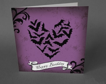 Gothic Bats Heart Birthday Card: Spooky Purple Grunge Design
