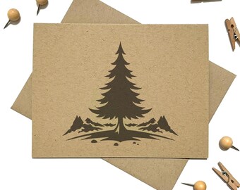 Mountain Tree Thank You Cards with Envelopes - Evergreen Tree Thank You Notes - Nature Thank You Cards - Recycled Kraft Notecards