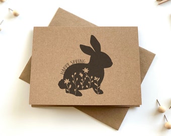 Kraft Happy Spring Bunny Cards and Envelopes, Blank Spring Notecards with Envelopes, Cards for Spring, Recycled Bunny Rabbit Cards