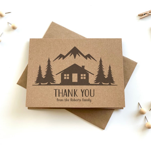 Personalized Mountain Cabin Thank You Cards with Envelopes, Kraft Thank You Notes with Cabin Scene, Blank Cabin Cards, Mountain Thank Yous