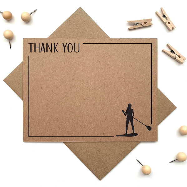 Paddle Board Thank You Card Set - SUP Kraft Flat Cards for Her - Recycled Paper Thank You Notes for Paddle Boarder