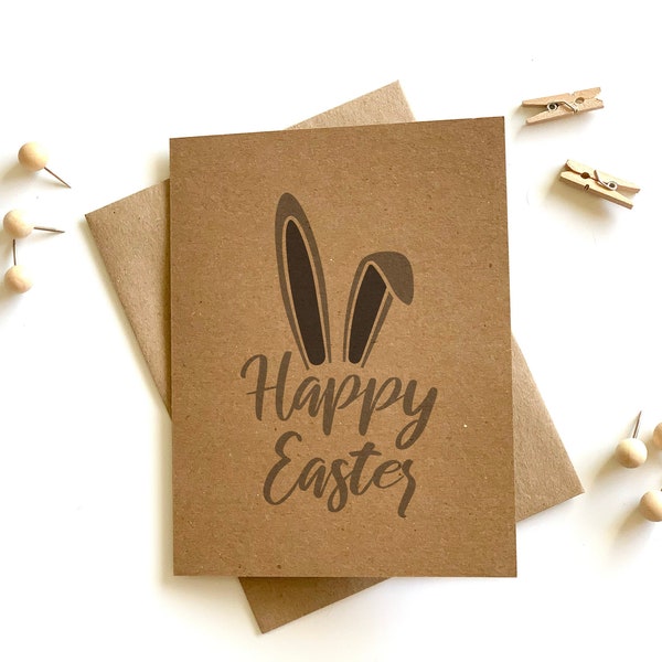 Recycled Happy Easter Cards with Envelopes, Kraft Easter Notecards and Envelopes, Happy Easter Notecards with Bunny Ears, Blank Easter Cards