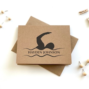 Personalized Swim Cards with Envelopes, Recycled Swimming Notecards and Envelopes, Swimmer Custom Stationery