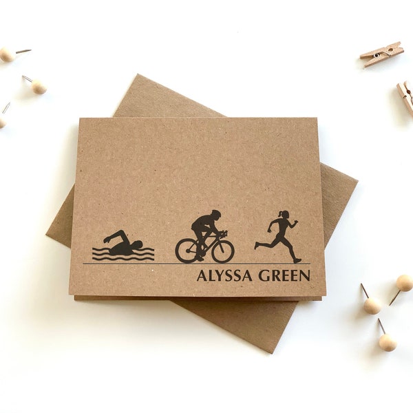 Personalized Triathlon Cards with Envelopes, Triathlon Thank You Notes, Recycled Triathlon Stationery