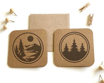 Mini Mountain Cards, 3x3 Cards with Mountains, Small Outdoorsy Card Set, Kraft Gift Enclosures