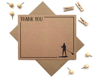 Paddle Board Thank You Card Set - SUP Kraft Flat Cards for Her - Recycled Paper Thank You Notes for Paddle Boarder