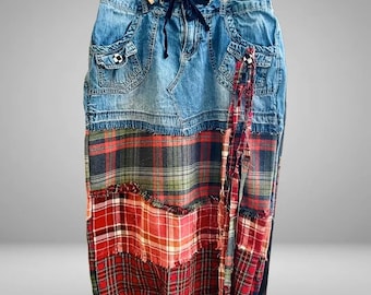 Upcycled denim and flannel skirt