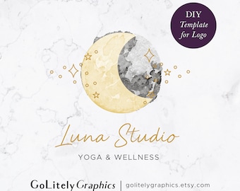 Mond und Sterne Aquarell Logo | Logo-Design-Vorlage | Sofortiger Download der DIY-Logo-Vorlage