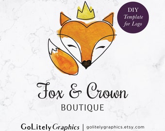 Fuchs & Krone Aquarell Fuchs Logo | Logo-Design-Vorlage | Sofortiger Download der DIY-Logo-Vorlage