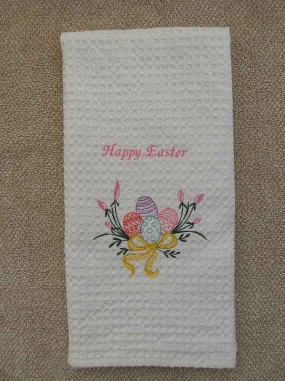 HAPPY EASTER Towel.Easter Linens.Tea Towels.Embroidered Easter Etsy