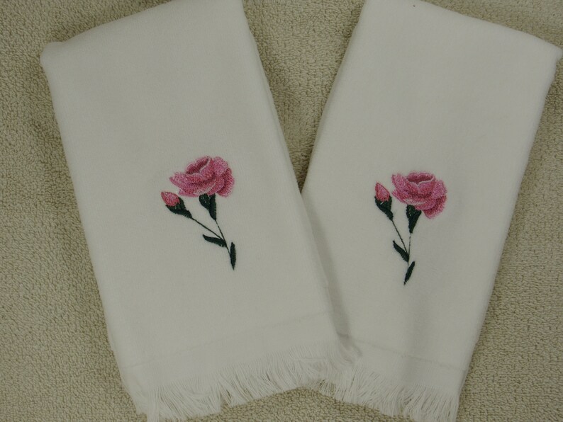 Embroidered Tip Towels PINK ROSES Bathroom Home and Living Spring flowers Velour Tip Towels. Bathroom Vanity
