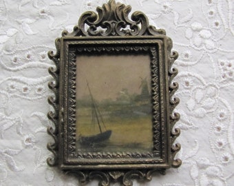 Vintage Miniature Aged Brass Italian Frame ~ Original Dutch Print