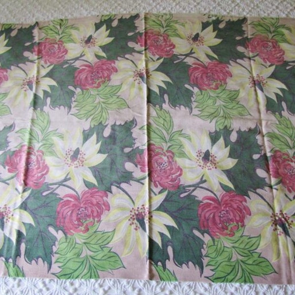 Vintage Floral Barkcloth Rayon Cotton Fabric Curtain Panel