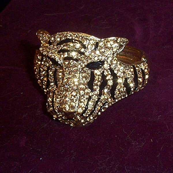 Kirk's Folly HUGE Cat / tiger  panther cuff bracelet  Golden rhinestones  Retired Kirk's Folly Bracelet Vintage Kirk's Folly