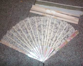 Sale!  Mid 1800s  Brussels lace Fan  Lace and mother of pearl - orig box  needs TLC early folding  hand  fan Antique accessory  ON SALE!