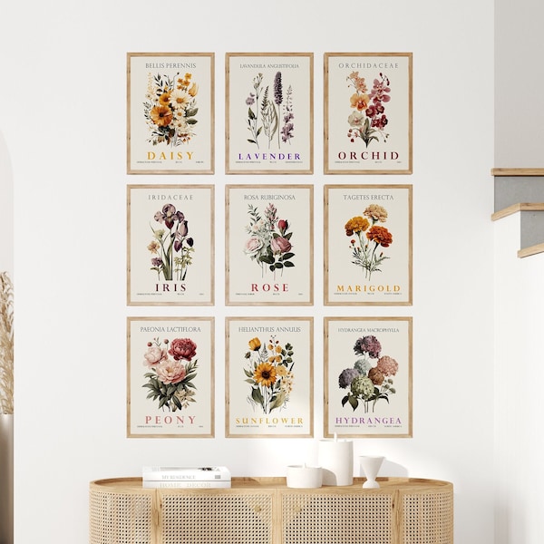 9-delige kunst aan de muur, digitale kunst aan de muur, bloemenkunstwerkposter, botanische print, bloemenmuurdecoratie, set van 9 prints, bloemenposter, 9-delige set