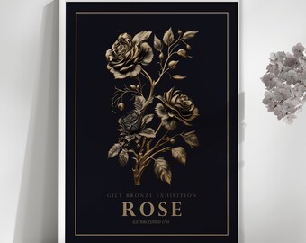Decoración de oro rosa, impresión digital de rosas, impresión botánica, arte de pared digital, cartel floral, cartel de obras de arte floral, decoración de pared de flores