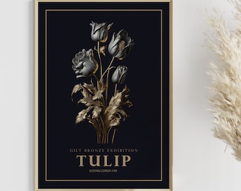 Tulip Digital Print, Tulip Gold Decor, Floral Poster, Floral Artwork Poster, Digital Wall Art, Flower Wall Decor, Botanical Print