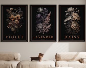 Arte de pared de 3 piezas, Arte de pared digital, Cartel de obras de arte floral, Estampado botánico, Decoración de pared de flores, Conjunto de 3 grabados, Póster floral, Conjunto de 3 piezas