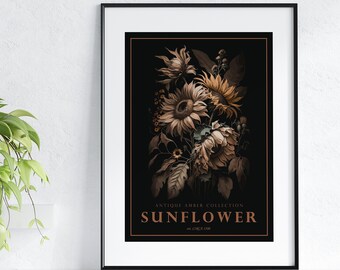 Sunflower Digital Print, Sunflower Antique Decor, Floral Poster, Floral Artwork Poster, Digital Wall Art, Flower Wall Decor, Botanical Print