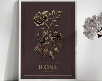 Decoración de oro rosa, impresión digital de rosas, impresión botánica, arte de pared digital, cartel floral, cartel de obras de arte floral, decoración de pared de flores
