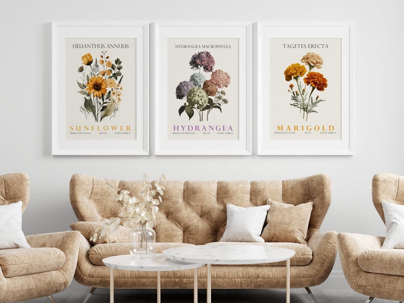 Flower Wall Decor, Set of 3 Prints, Digital Wall Art, Floral Poster