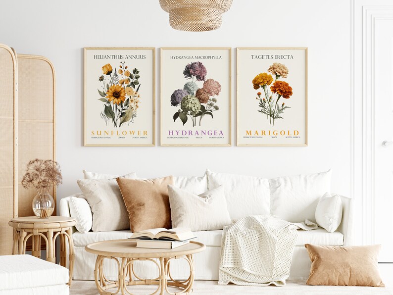 Flower Wall Decor, Set of 3 Prints, Digital Wall Art, Floral Poster