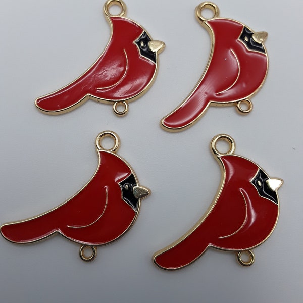 4 Cardinal Bird Red Gold Enamel Toned Metal Charms 25x25mm A103
