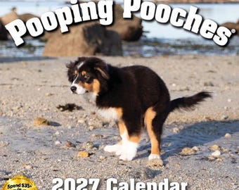 May include: A 2027 calendar titled Pooping Pooches featuring a photograph of a black, white, and tan Australian Shepherd puppy standing on a sandy beach. The text Pooping Pooches appears in large white letters at the top of the calendar cover.