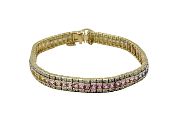 Diamond & Sapphire Bracelet Inline Pastel Rainbow 14k Yellow Gold