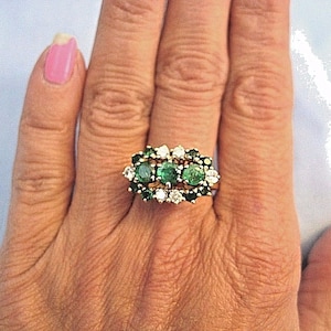 Vintage Emerald & Diamond Ring 14K Yellow Gold Size 8