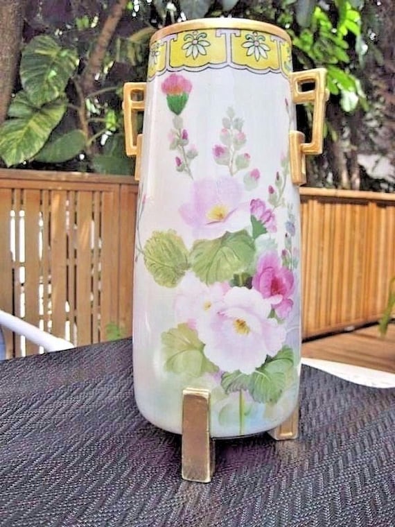 Vintage Nippon hand painted vase with gold leaf | Etsy