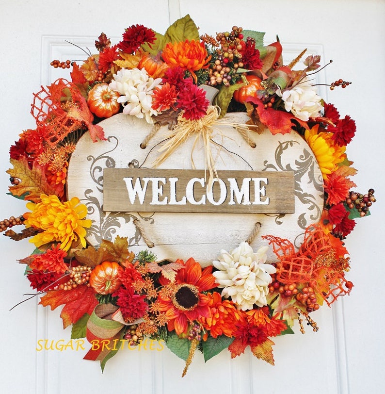 Autumn Welcome Wreath Fall Welcome Wreath Fall Welcome Wreath with Pumpkin Sign