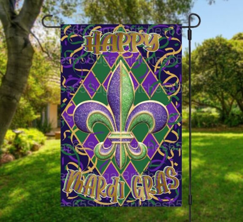 mardi gras garden flag nearby