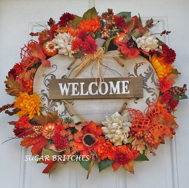 Autumn Welcome Wreath Fall Welcome Wreath Fall Welcome Wreath with Pumpkin Sign