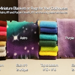 May include: A stack of eight solid color miniature blankets, followed by a patterned blanket with a galaxy design called "Astro", then a stack of six solid color miniature blankets, and finally a patterned blanket with a purple cloud design called "Purple Clouds".
