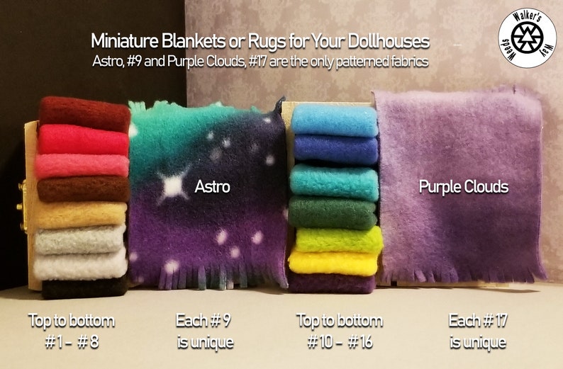 May include: A stack of eight solid color miniature blankets, followed by a patterned blanket with a galaxy design called "Astro", then a stack of six solid color miniature blankets, and finally a patterned blanket with a purple cloud design called "Purple Clouds".