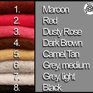 May include: A color chart of eight felt fabric swatches, numbered 1 through 8. The colors are maroon, red, dusty rose, dark brown, camel tan, medium grey, light grey, and black.