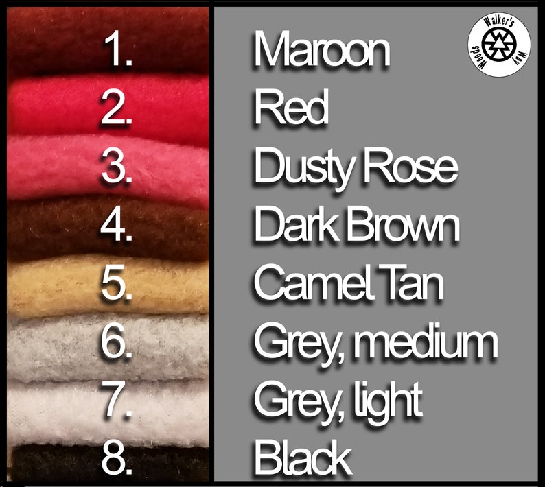 May include: A color chart of eight felt fabric swatches, numbered 1 through 8. The colors are maroon, red, dusty rose, dark brown, camel tan, medium grey, light grey, and black.