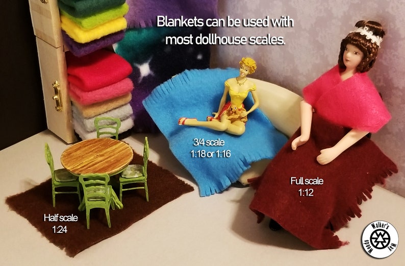 May include: A collection of fleece blankets in various colors and sizes, including a blue blanket with a doll sitting on it, a maroon blanket with a doll sitting on it, and a brown rug with a table and four chairs. The text "Blankets can be used with most dollhouse scales." is written at the top of the image. The text "Half scale 1:24" is written below the table and chairs. The text "3/4 scale 1:18 or 1:16" is written below the blue blanket. The text "Full scale 1:12" is written below the maroon blanket.