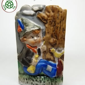 Vintage 1940s Little Boy Blue & Horn-Ceramic Pocket Planter Vase-Wall Mount or Freestanding Bud Vase