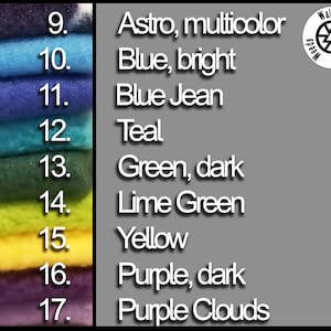 May include: A stack of 9 fabric swatches in various colors, including astro, blue, teal, green, lime green, yellow, and purple. The swatches are labeled with numbers 9 through 17. The text "Walker's Weeds" is visible in the upper right corner of the image.